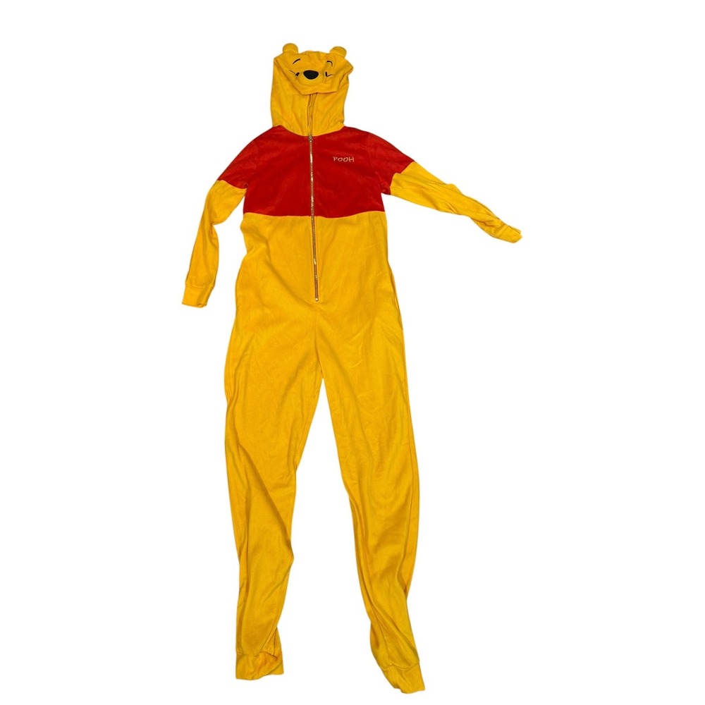 Disney Winnie the Pooh Hooded Union Suit One Piece Pajamas Yellow Red Small 4/6 - Picture 1 of 8